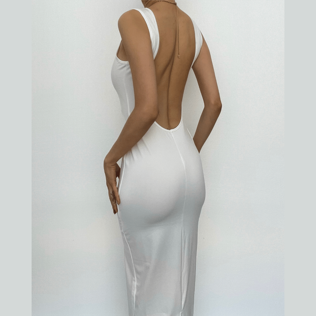 Sleeveless round neck solid backless slit midi dress-final-sale
