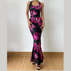 Halter self tie u neck flower print maxi skirt set