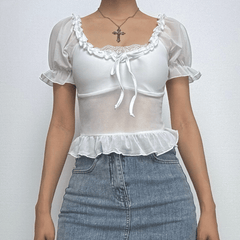 Short puff sleeve ruffle ruched knotted crop top-final-sale