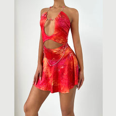 Metal chain halter hollow out print cut out mini dress