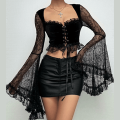 Long flared sleeve velvet lace patchwork ruffle lace up crop top
