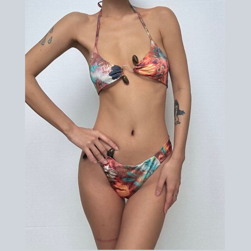 Halter self tie print backless bikini swimwear