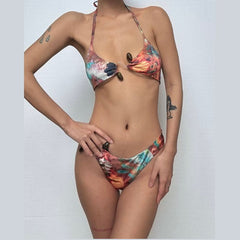 Halter self tie print backless bikini swimwear