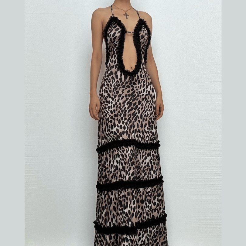 Halter deep v neck leopard print ruffle maxi dress