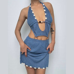 Halter self tie o ring hollow out knitted cut out mini dress