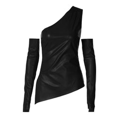 PU leather one shoulder gloves top
