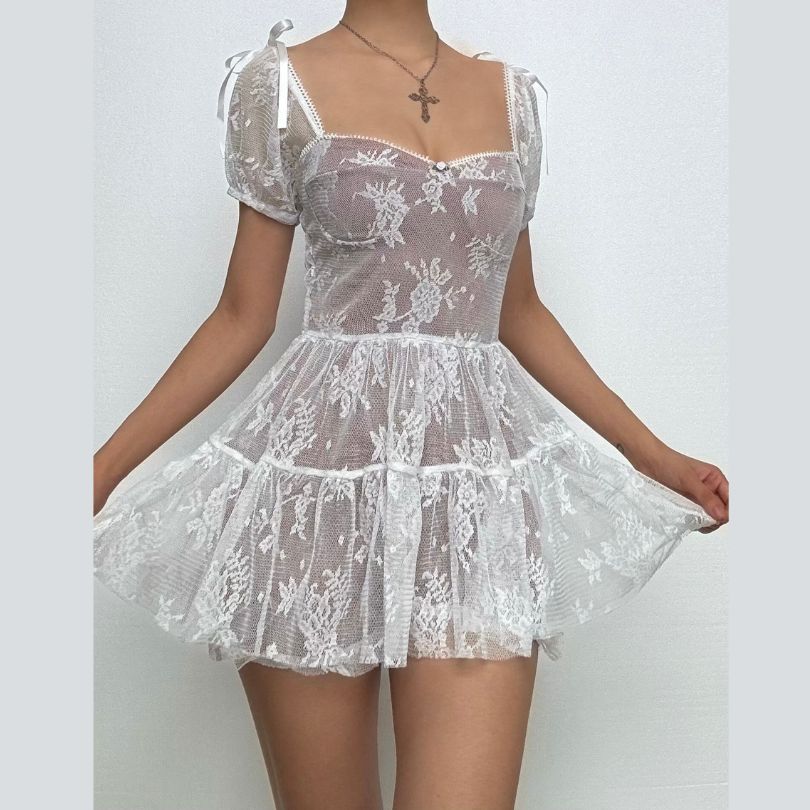 Short puff sleeve bowknot lace ruffle mini dress