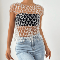 Crewneck crystal hollow out cut out top