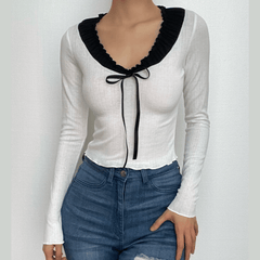 Ruffle contrast patchwork long sleeve bowknot crop top