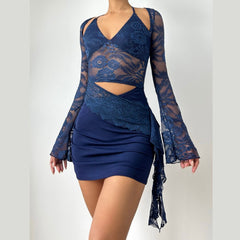 Long sleeve lace halter self tie ruched mini dress