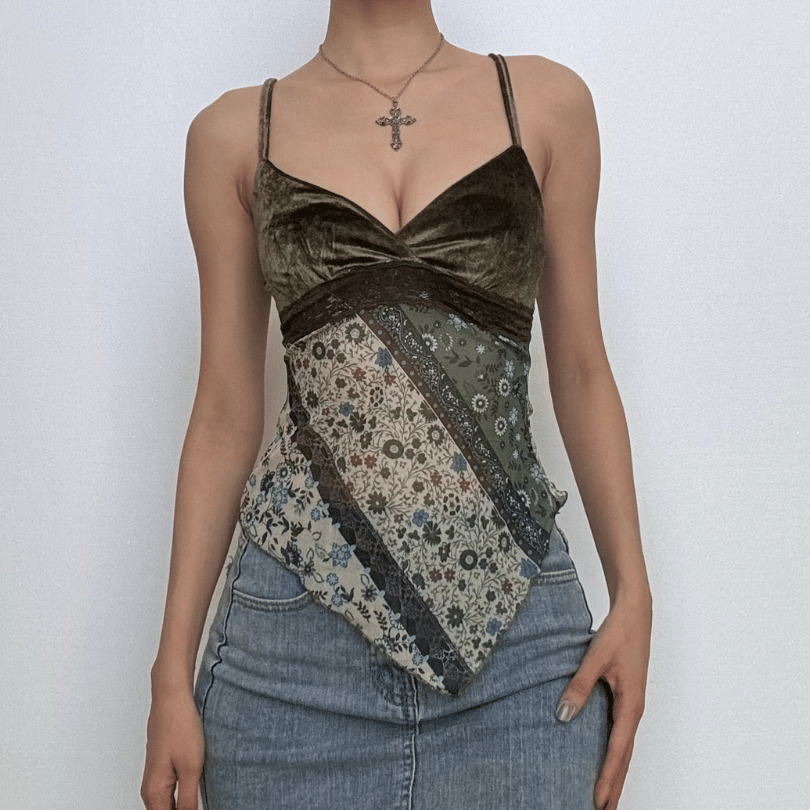 Velvet v neck lace hem print cami top