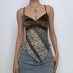 Velvet v neck lace hem print cami top