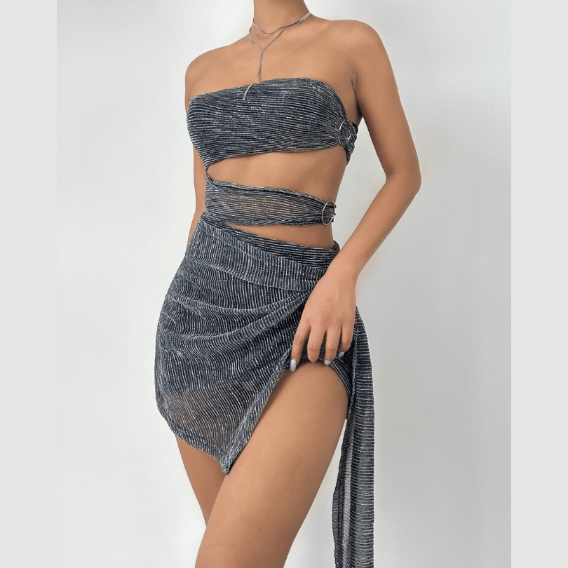 O ring hollow out irregular ruffle ribbed ruched tube cut out mini dress