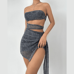O ring hollow out irregular ruffle ribbed ruched tube cut out mini dress