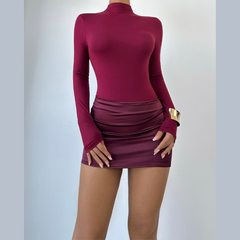 Long sleeve crewneck zip-up button mini dress