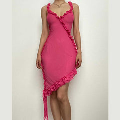 Sheer mesh see through ruffle solid cross back irregular mini dress-final-sale