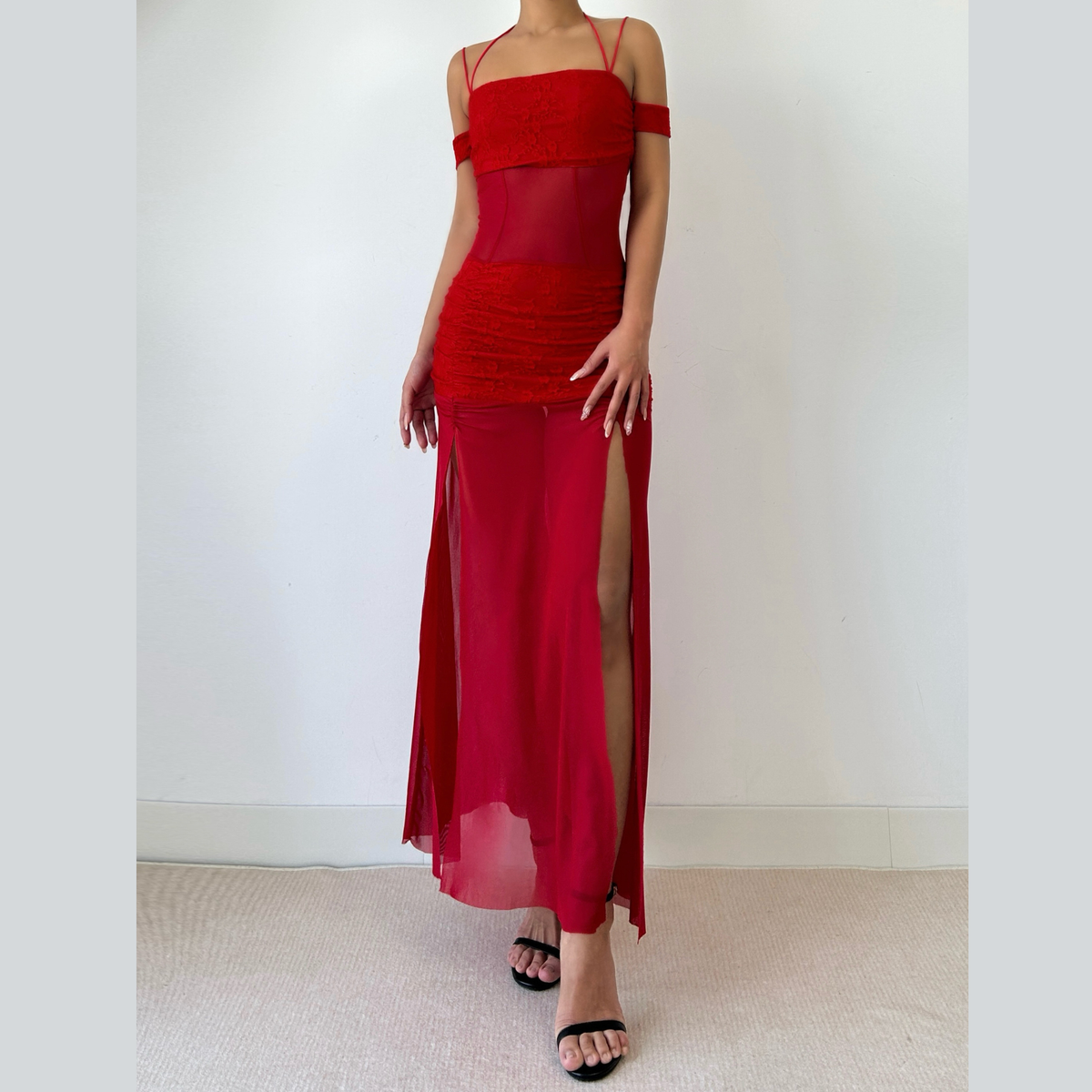 Ruched square neck slit halter cami maxi dress