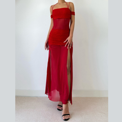Ruched square neck slit halter cami maxi dress