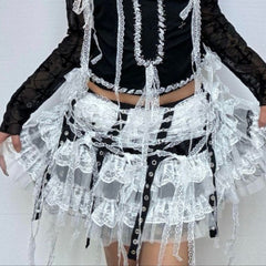 Long sleeve lace hem mesh cross pattern top