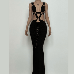 O ring textured hollow out self tie ruched tank cut out maxi dress