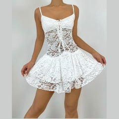Lace up v neck lace solid cami mini dress