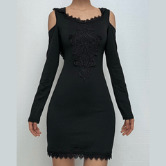 Hoodie long sleeve lace hem embroidery hollow out cut out mini dress-final-sale