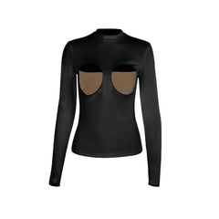 Long sleeve crewneck patchwork hollow out cut out top