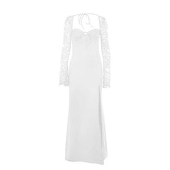 Sweetheart neck long sleeve self tie slit maxi dress