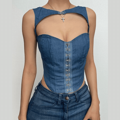 Hollow out button sleeveless corset low cut denim cut out top