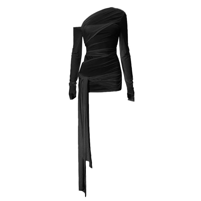 One shoulder long sleeve ruched hollow out knotted cut out top