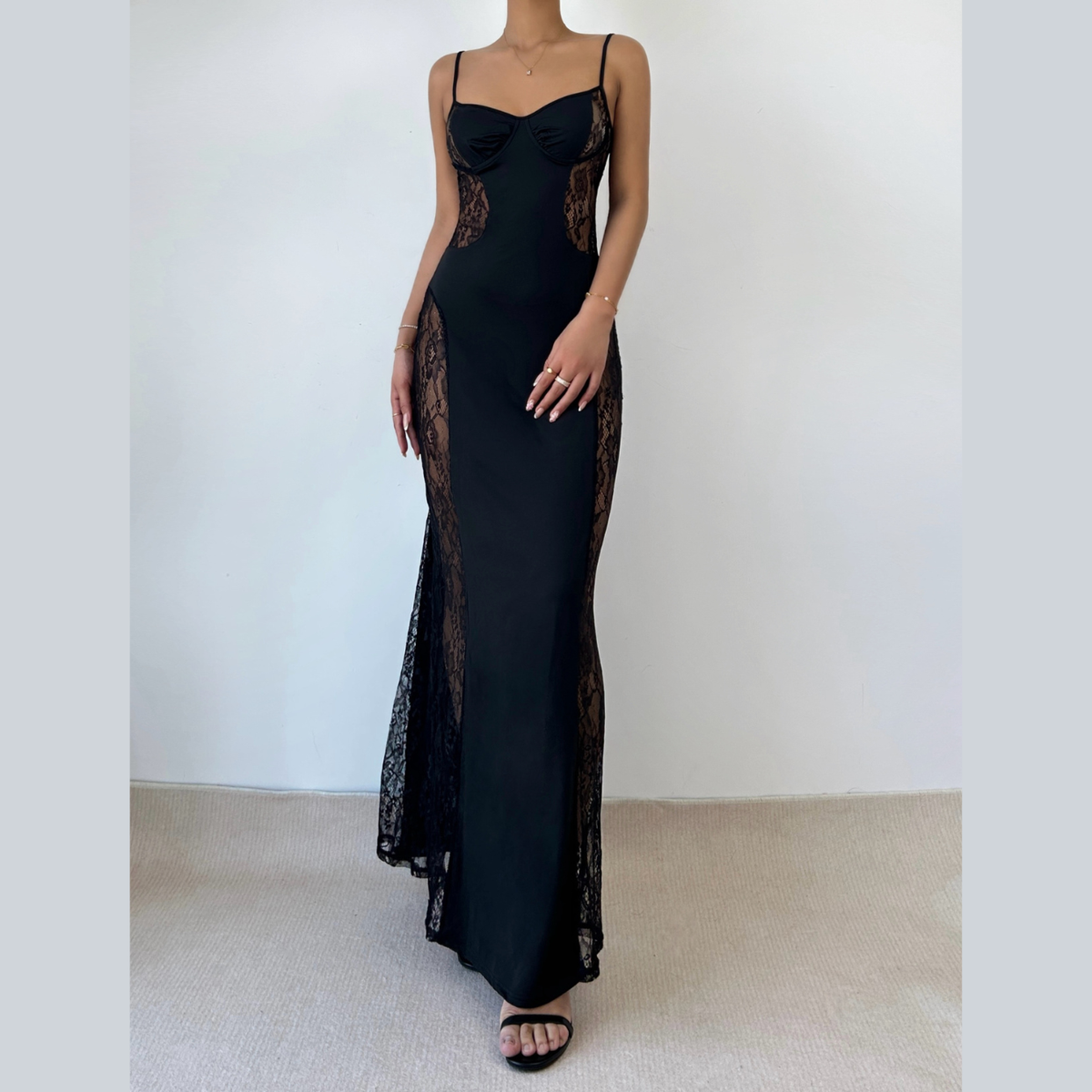 Lace hollow out cami cut out maxi dress