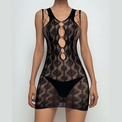 U neck hollow net patchwork tank mini dress