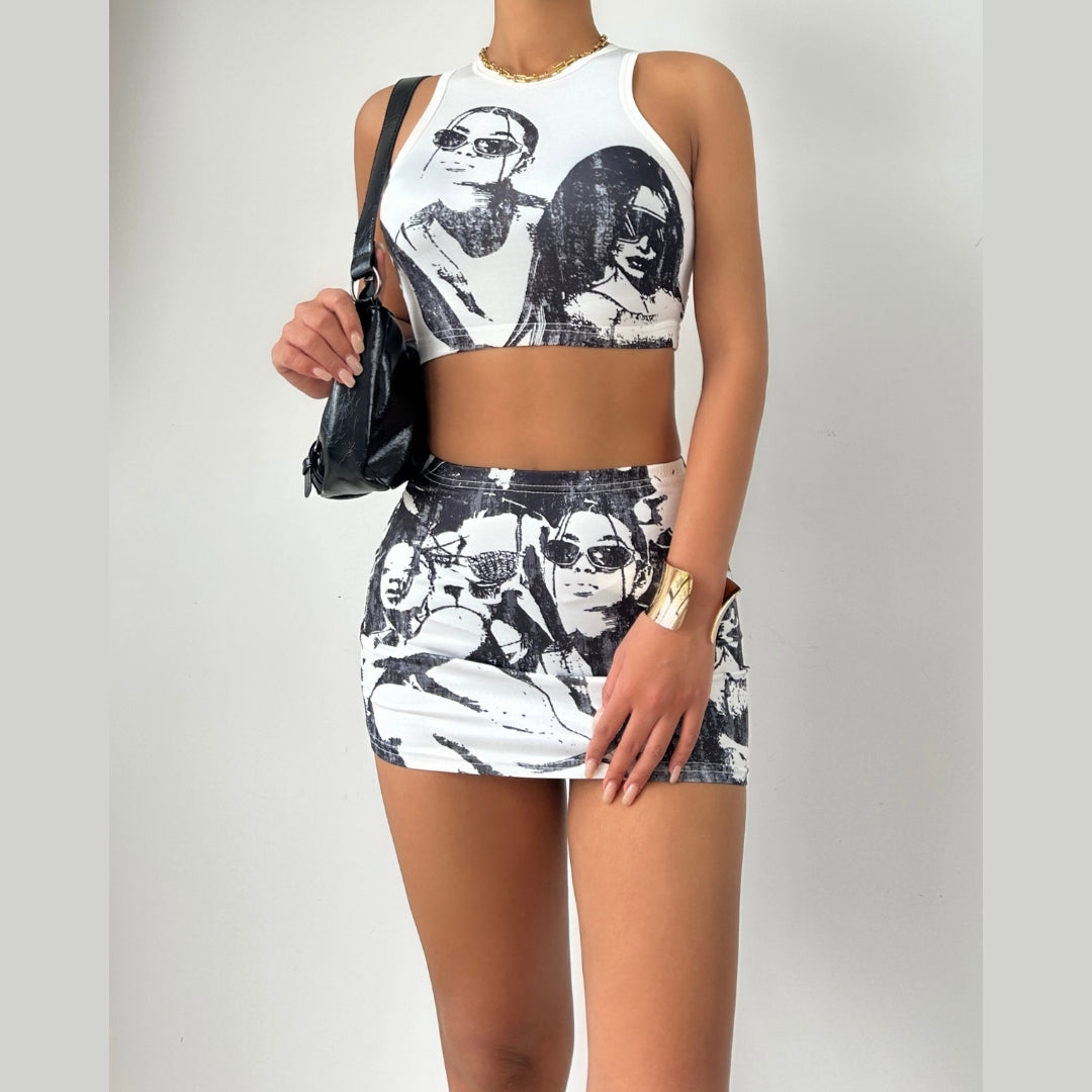 Sleeveless abstract print crewneck mini skirt set