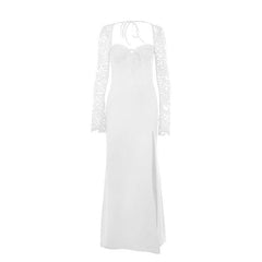 Sweetheart neck long sleeve self tie slit maxi dress-final-sale