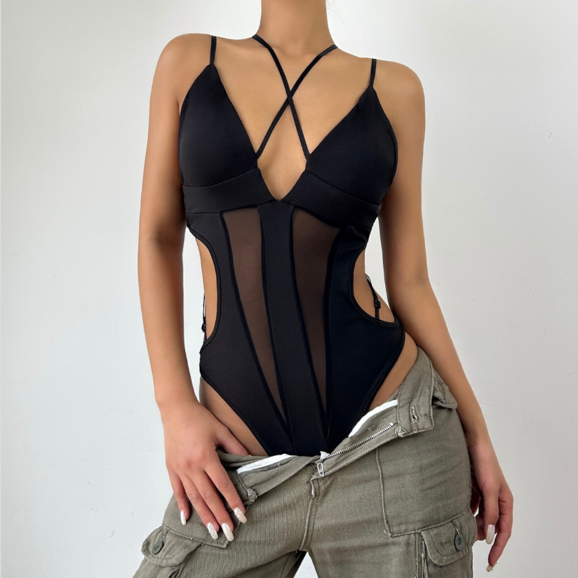 Cross front v neck button hollow out cami bodysuit