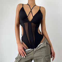 Cross front v neck button hollow out cami bodysuit