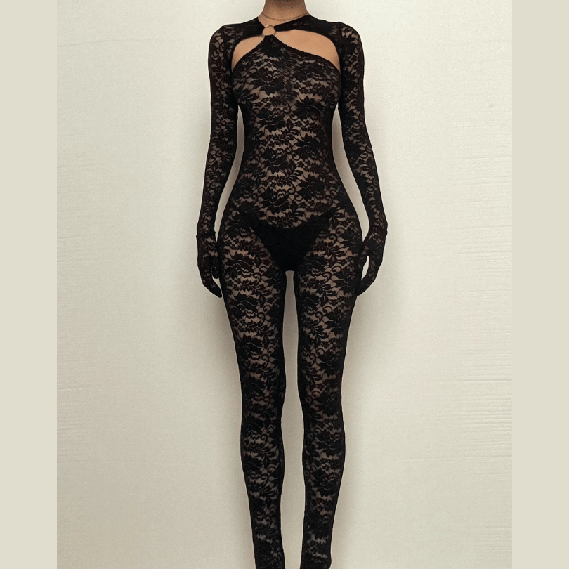 Lace see through zip-up solid long sleeve gloves hollow out jumpsuit-final-sale