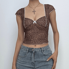 Leopard print short sleeve bowknot mesh top
