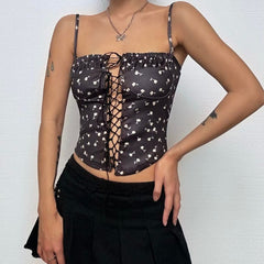 Flower print ruched lace up cami top