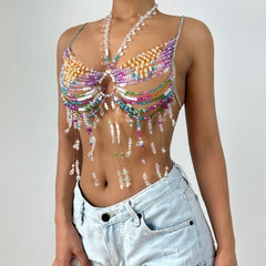 Halter beaded contrast hollow out cut out top