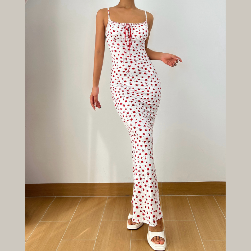 Bowknot ribbon stitch flower print polka dot cami maxi dress
