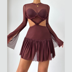 Crewneck long sleeve mesh ruched mini dress