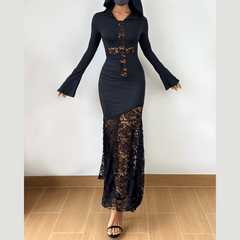 Long sleeve hoodie lace hem cross pattern maxi dress