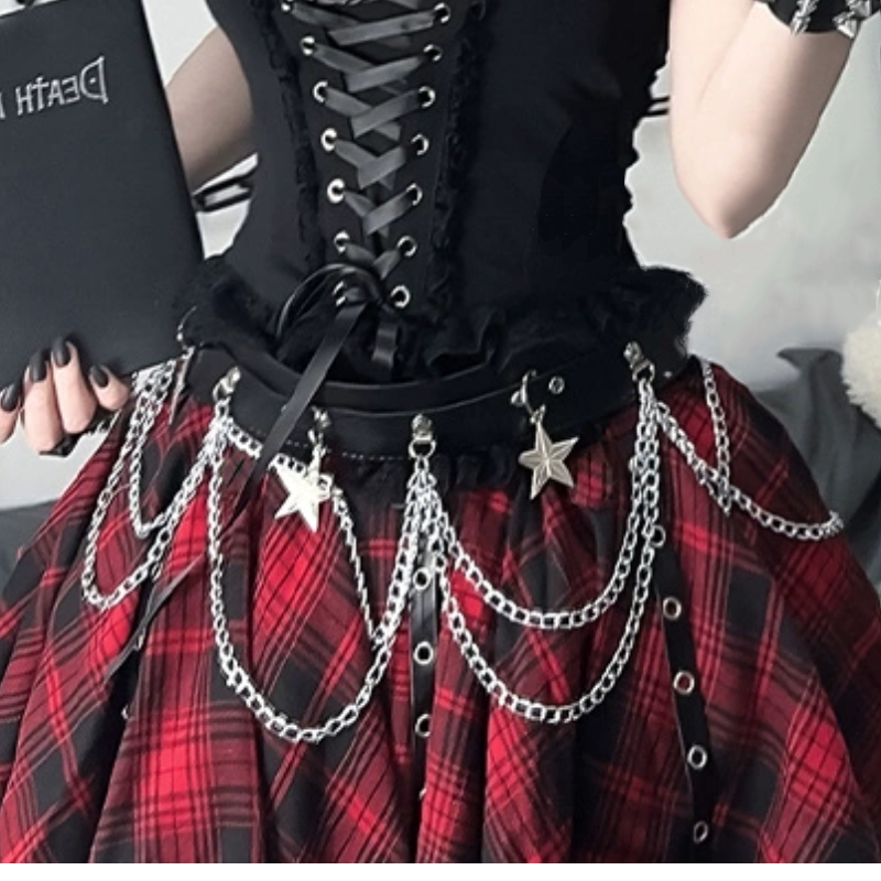 U neck plaid lace hem waist chain top