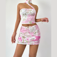Halter contrast leopard print ribbon mini skirt set