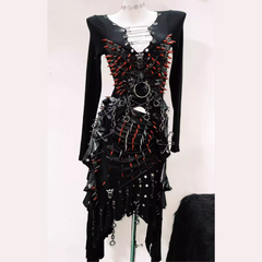 Long sleeve rivet metal chain PU leather top
