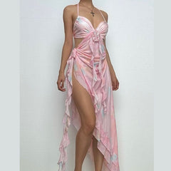 Halter flower applique ruffle backless slit maxi dress