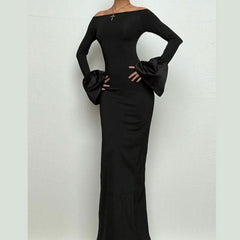 Long flared sleeve off shoulder ruched slit maxi dress-final-sale