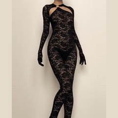 Lace see through zip-up solid long sleeve gloves hollow out jumpsuit-final-sale