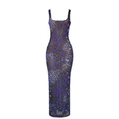 Print u neck hollow out sheer mesh cami cut out maxi dress